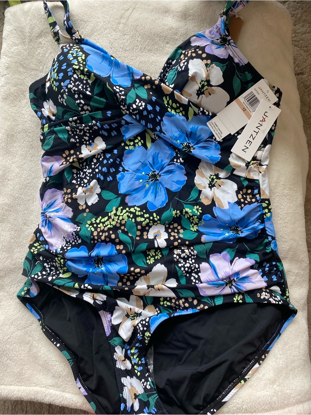 Jantzen Black One-Piece Swimsuit with Blue, White & Green Floral Print